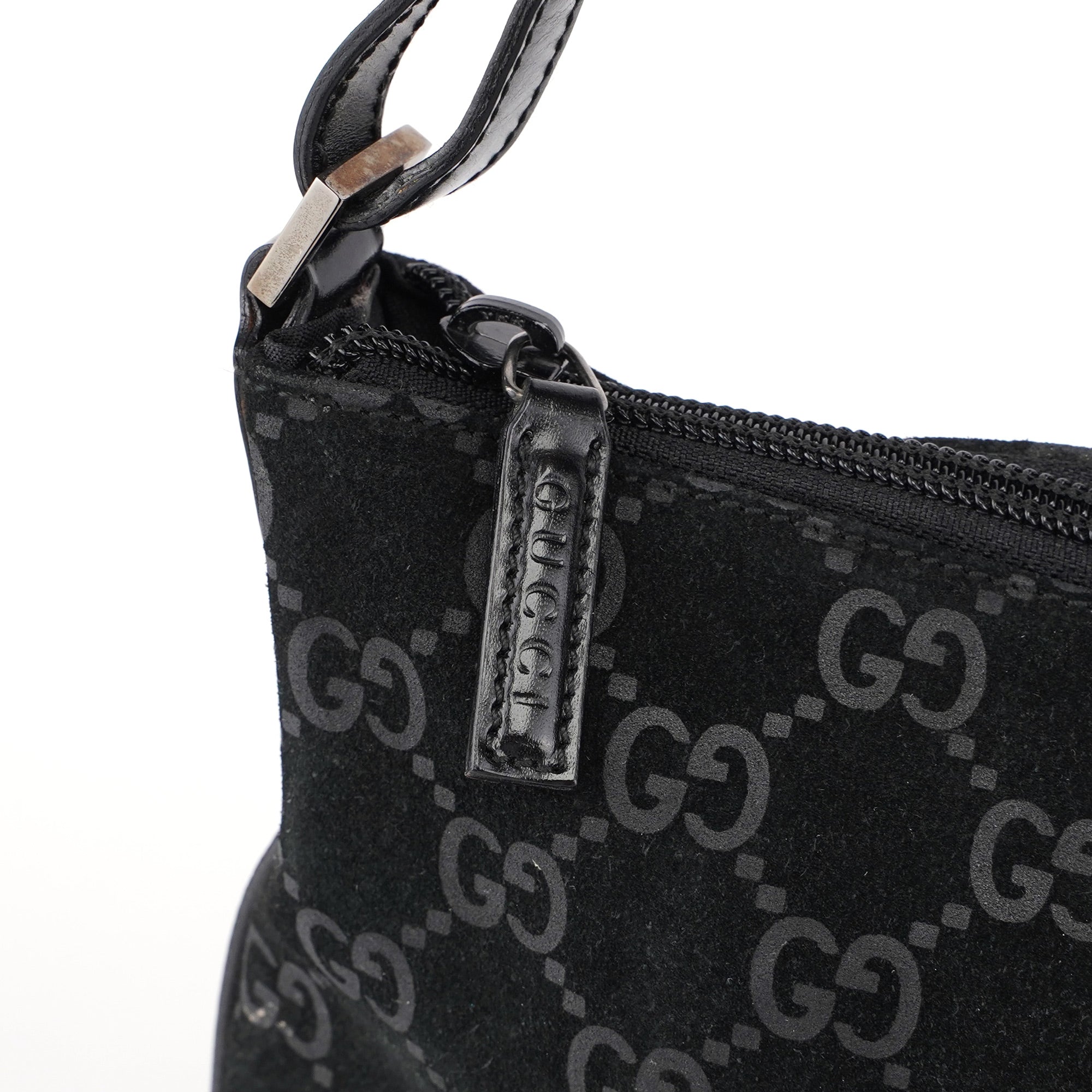 Gucci 1997 Black Suede GG Shoulder Bag