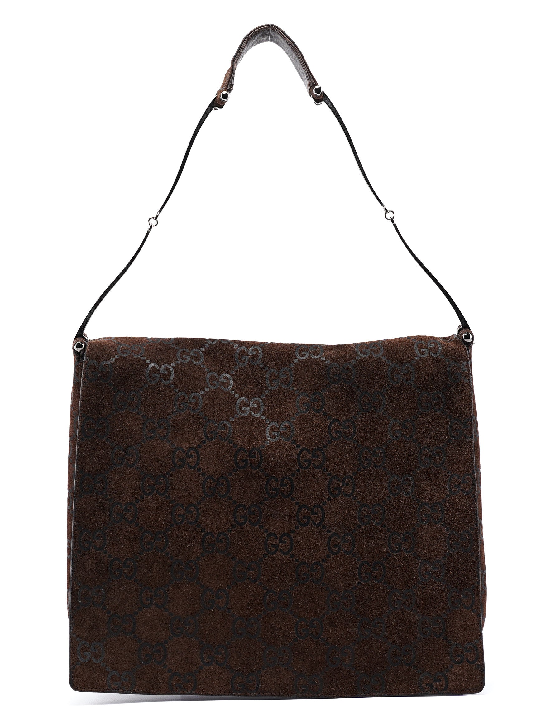 Gucci 1997 Brown GG Suede Horsebit Shoulder Bag