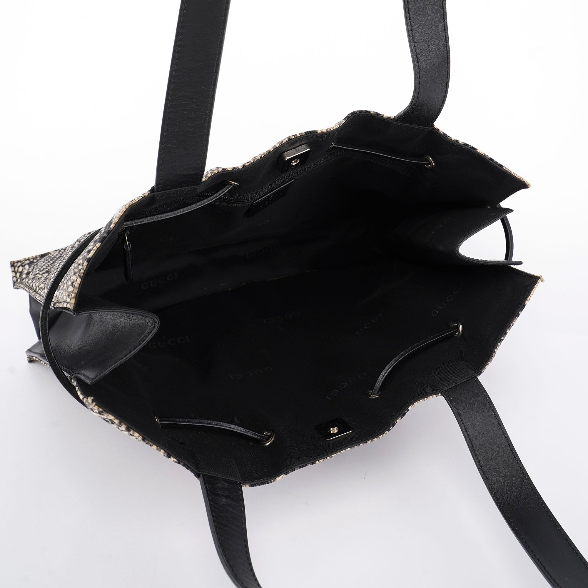 Gucci 1999 Grey Snakeskin Print Drawstring Tote Bag