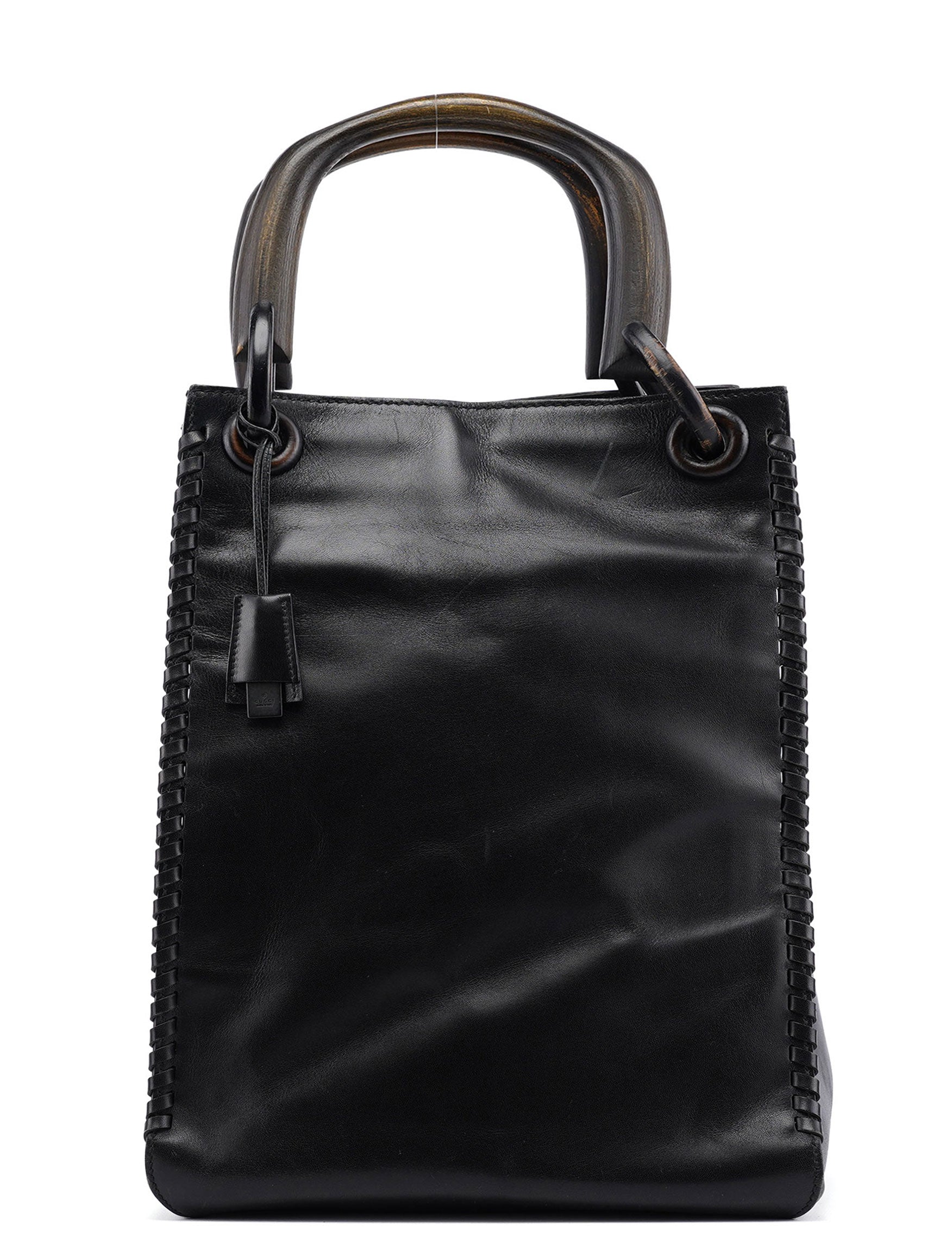 Gucci 2002 Borsa con manici in legno in pelle di vitello nera