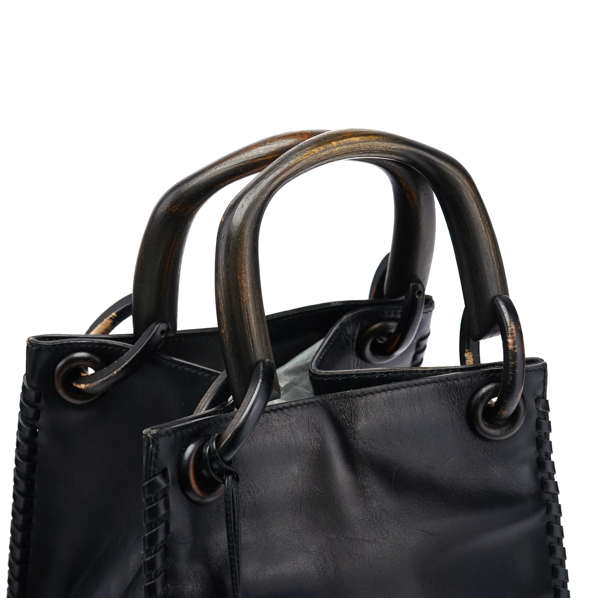 Gucci 2002 Borsa con manici in legno in pelle di vitello nera