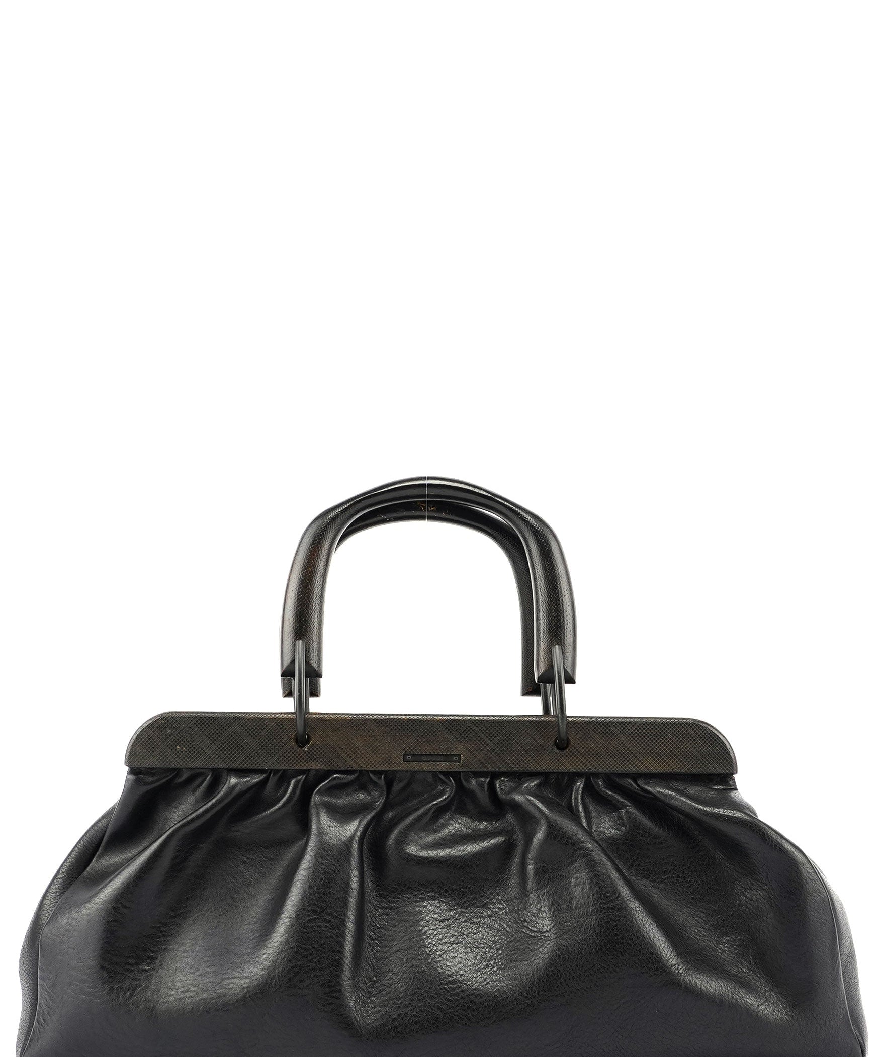 Gucci 2002 Black Leather Runway Wood Handle Bag