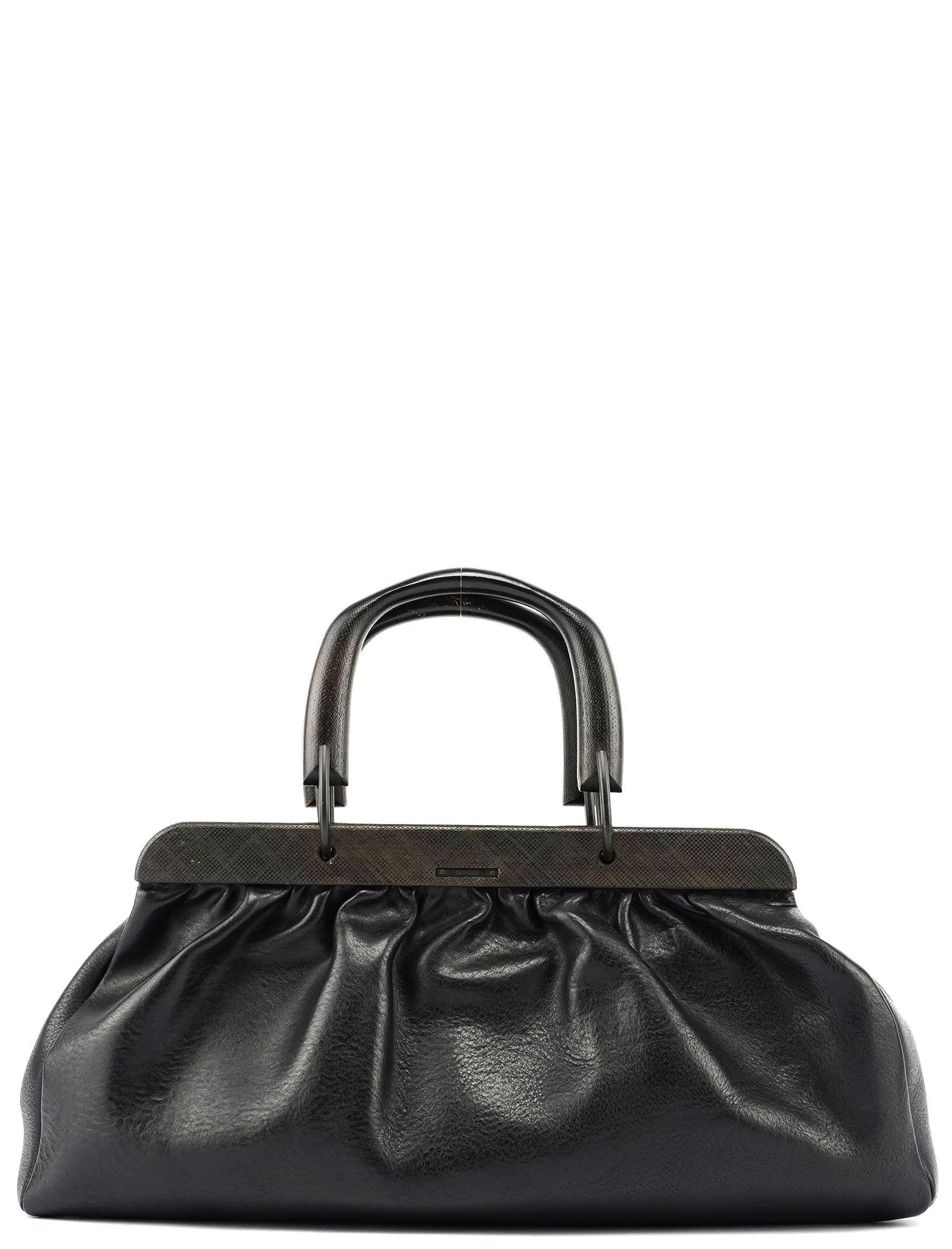 Gucci 2002 Black Leather Runway Wood Handle Bag