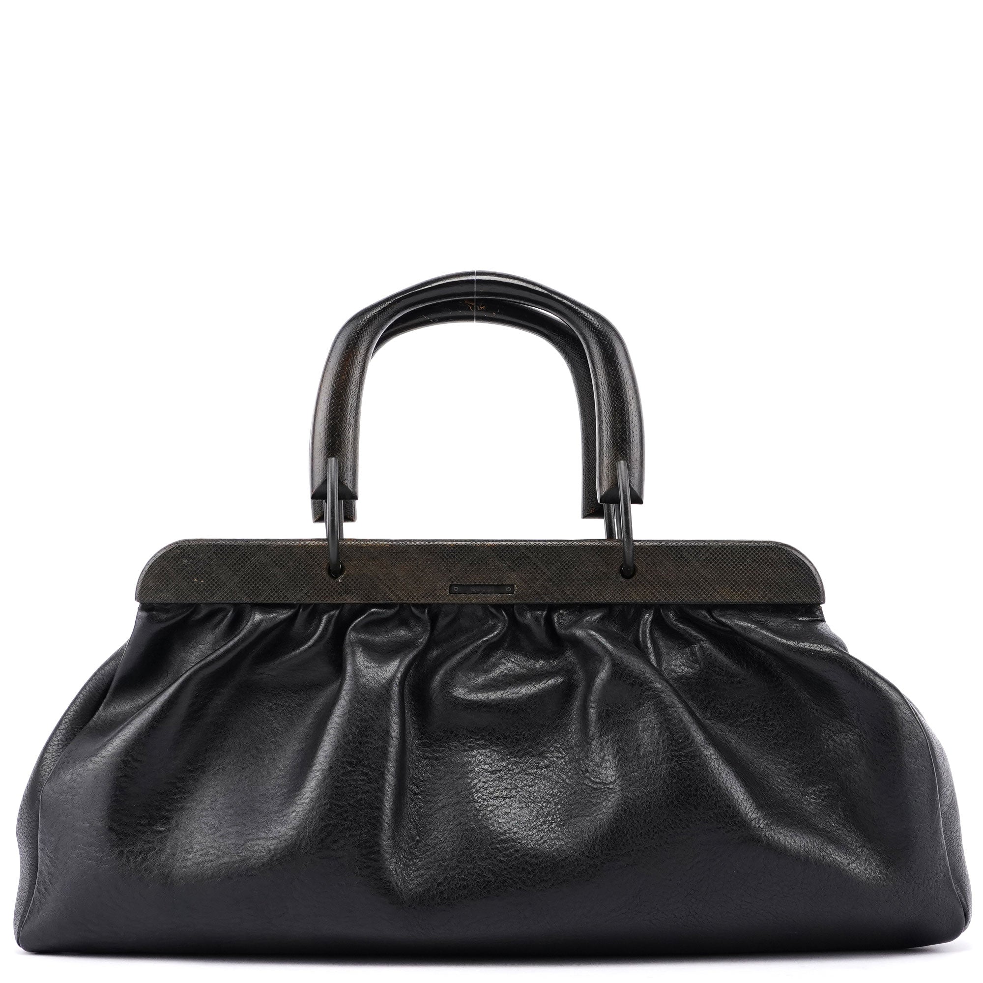 Gucci 2002 Sac défilé en cuir noir à poignées en bois