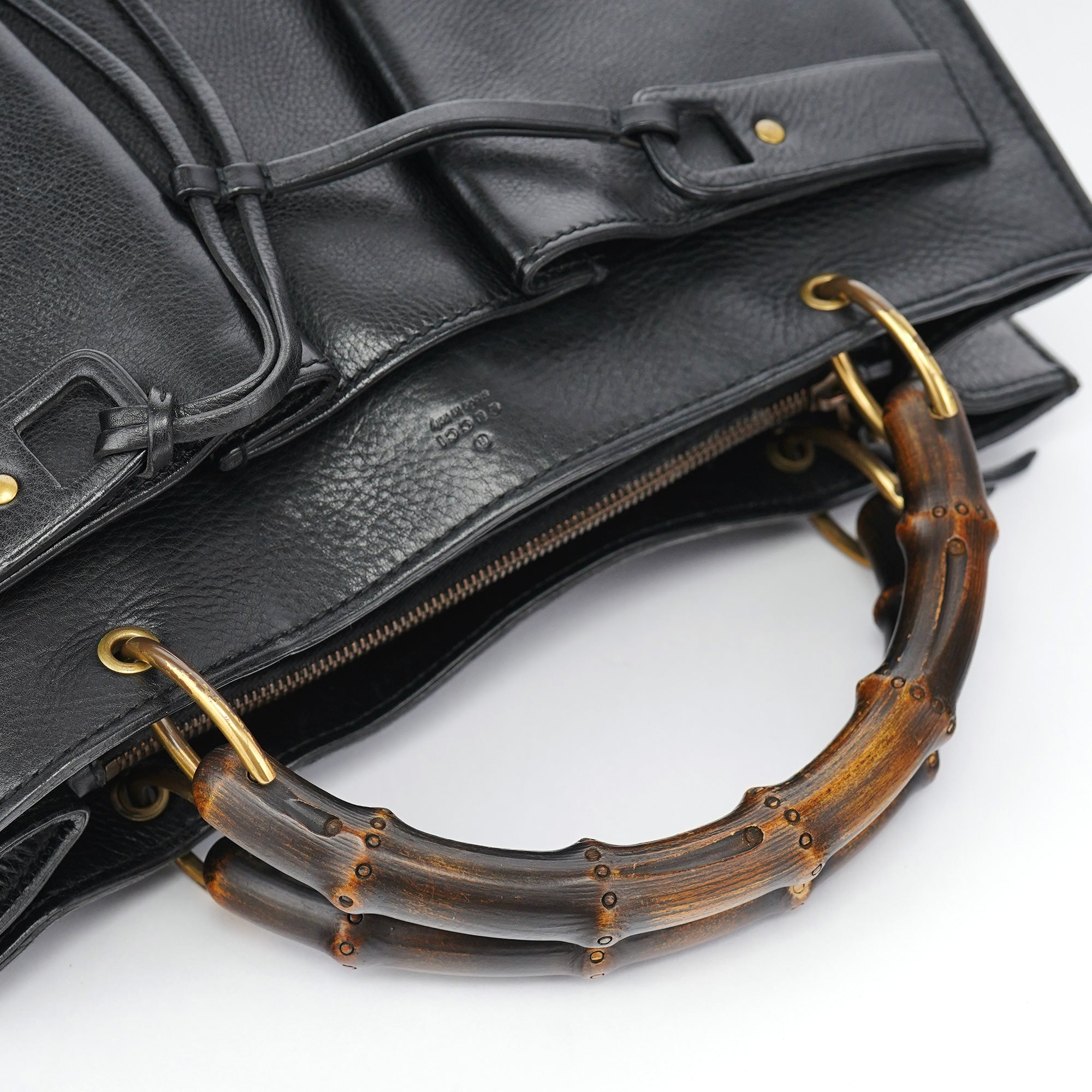 Gucci 2003 Black Leather Bamboo Tote Bag