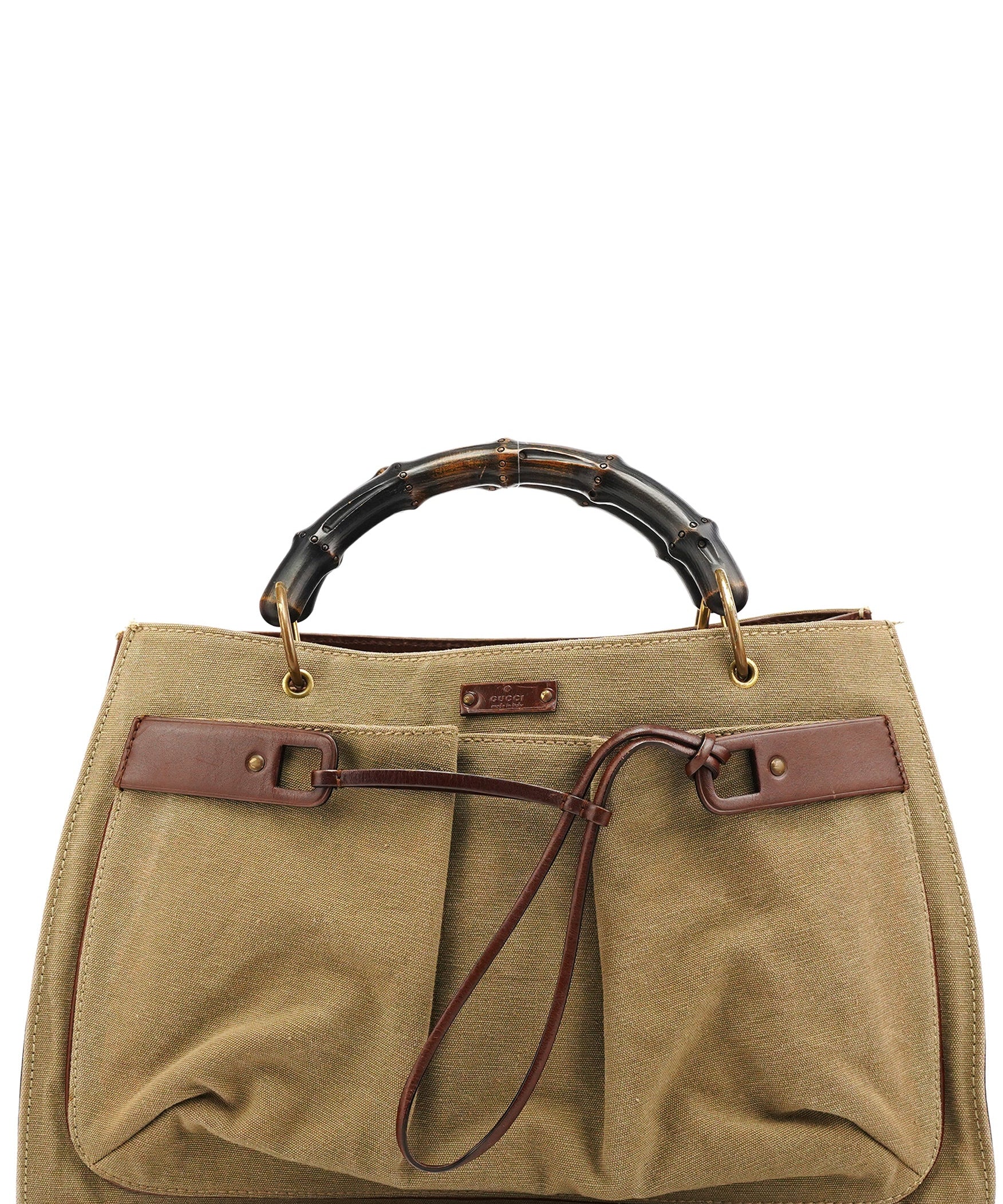 Gucci 2003 Khaki Canvas Bamboo Tote Bag