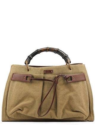 Gucci 2003 Khaki Canvas Bamboo Tote Bag