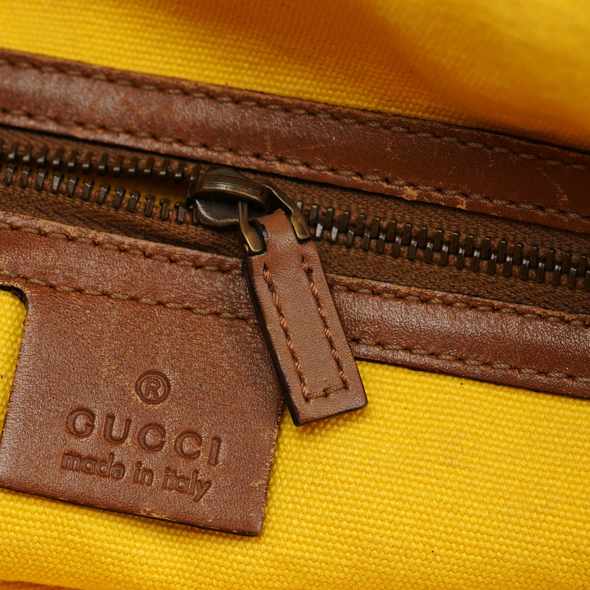 Gucci 2003 Yellow Canvas Bamboo Top Handle Bag