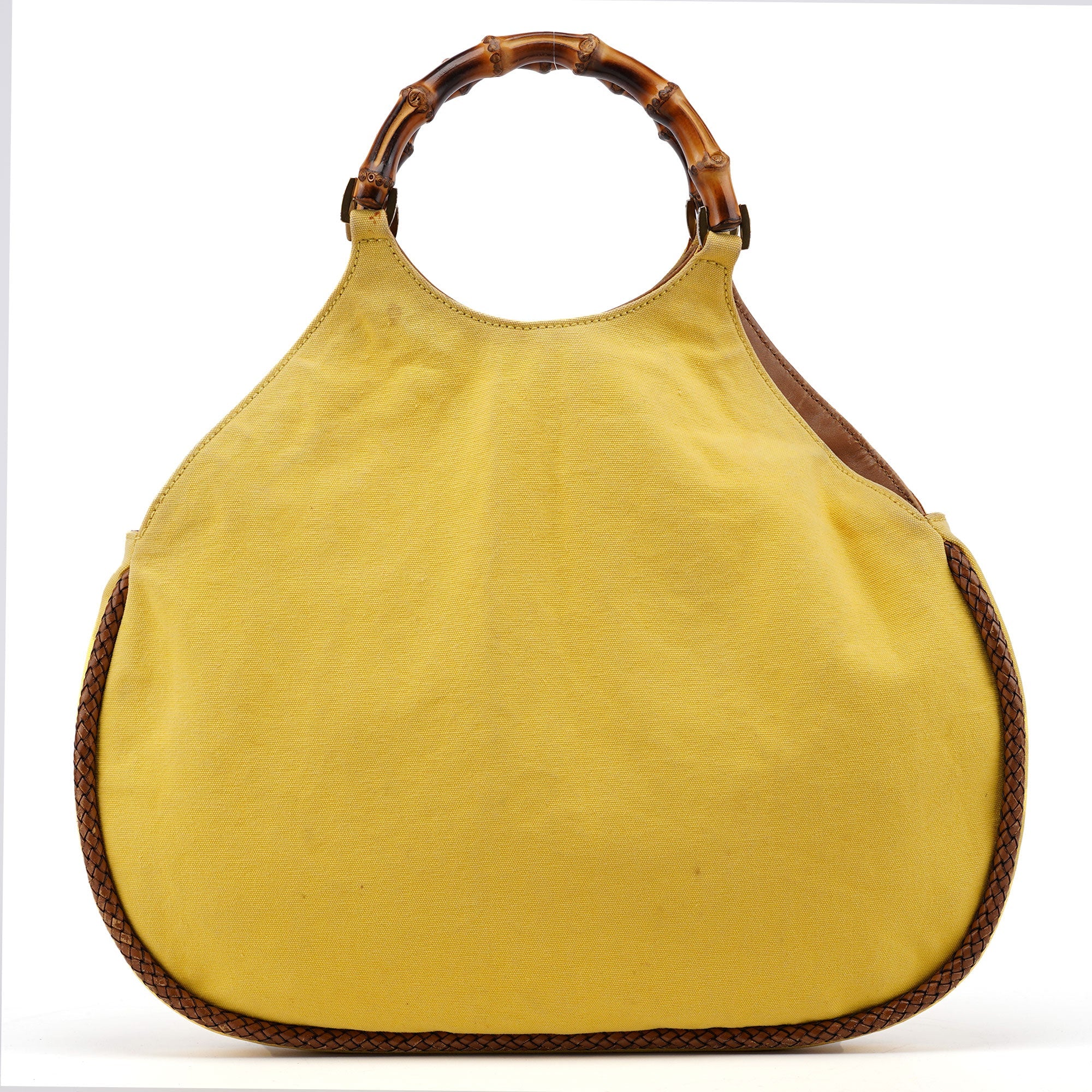 Gucci 2003 Yellow Canvas Bamboo Top Handle Bag