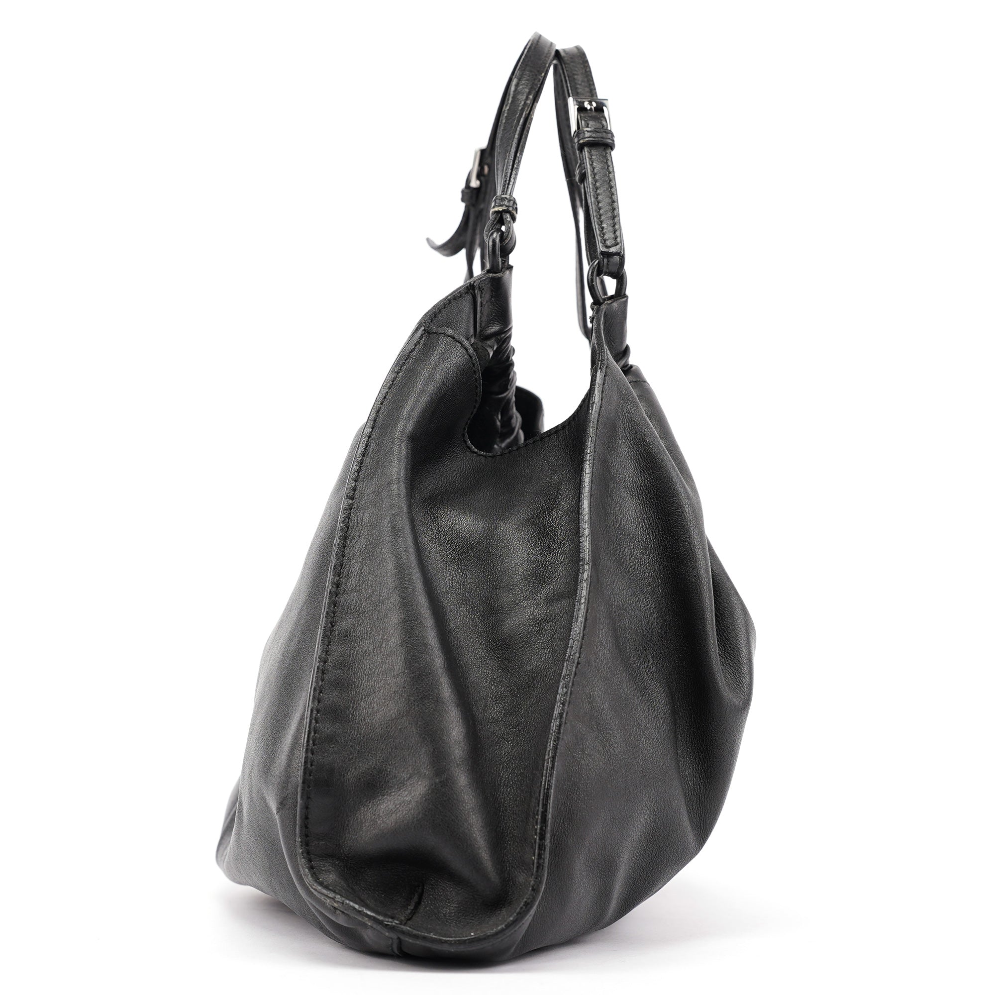 Gucci 76554 Black Leather Ruched Bag