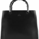 Gucci 93631 Black Calfskin Bamboo Tote Bag