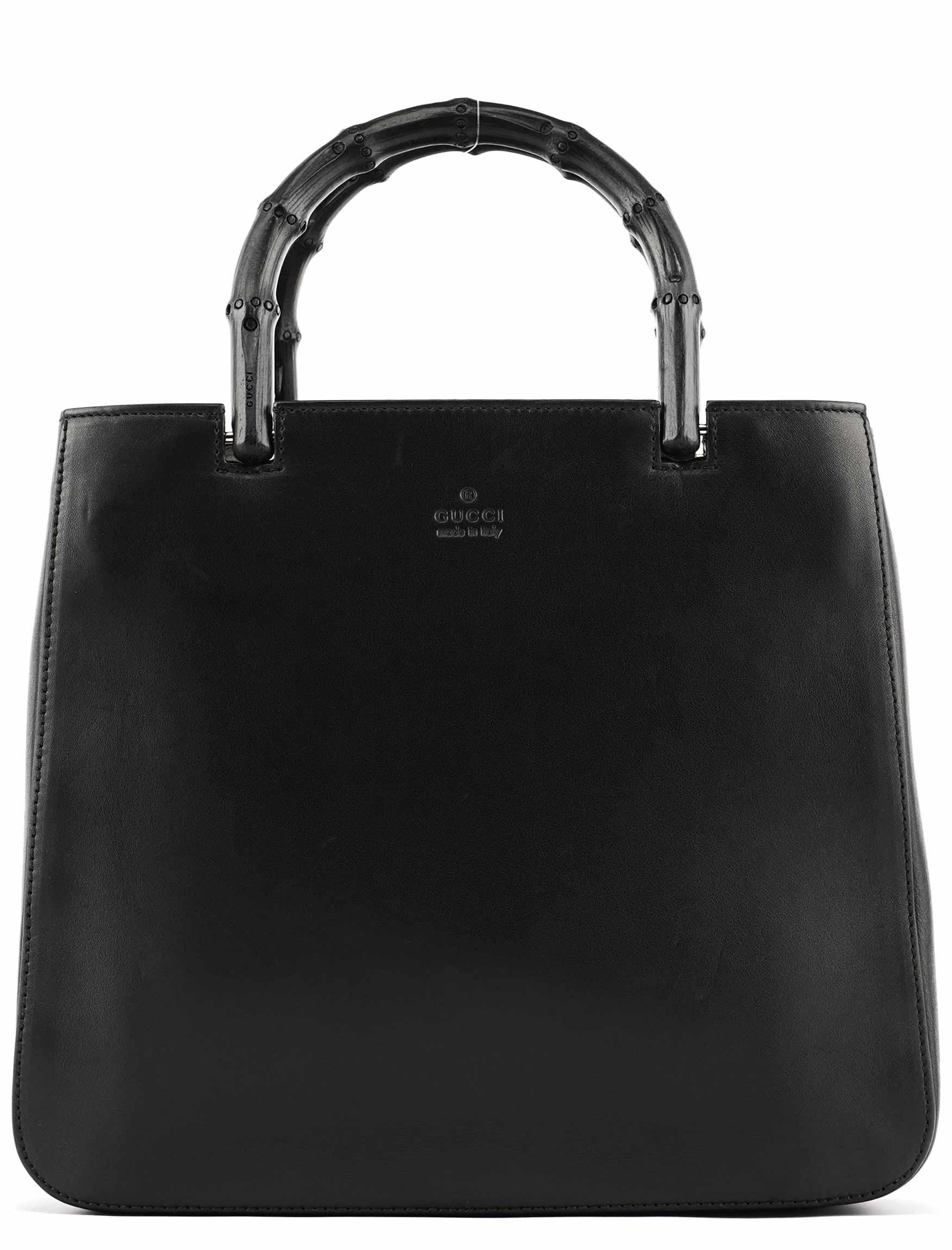 Gucci 93631 Black Calfskin Bamboo Tote Bag