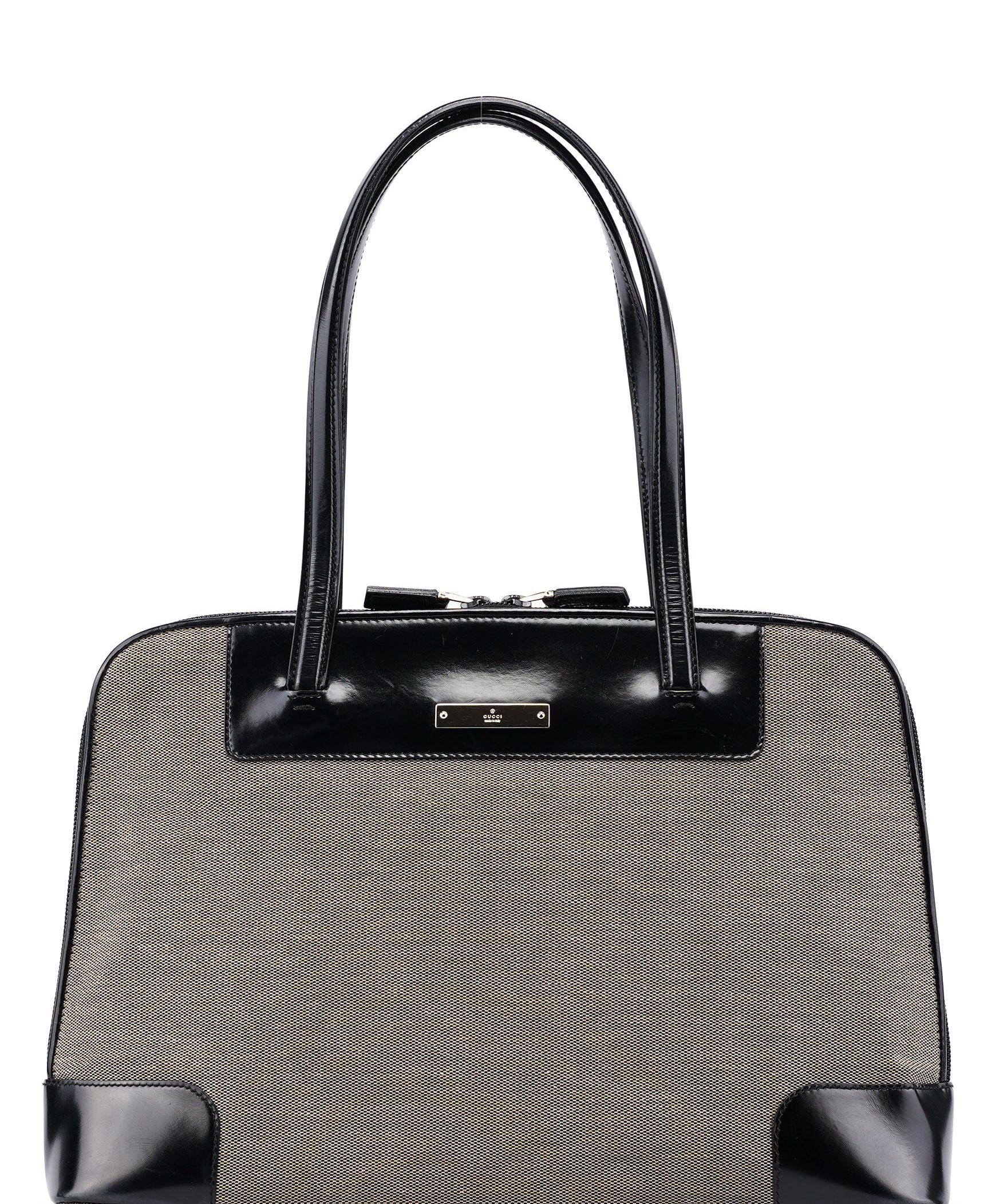 Gucci Beige Canvas Patent Leather Tote Bag