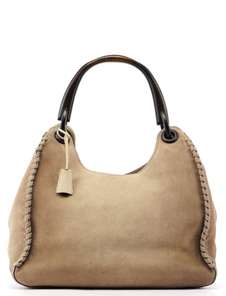 Gucci Beige Suede Wood Handle Shoulder Bag