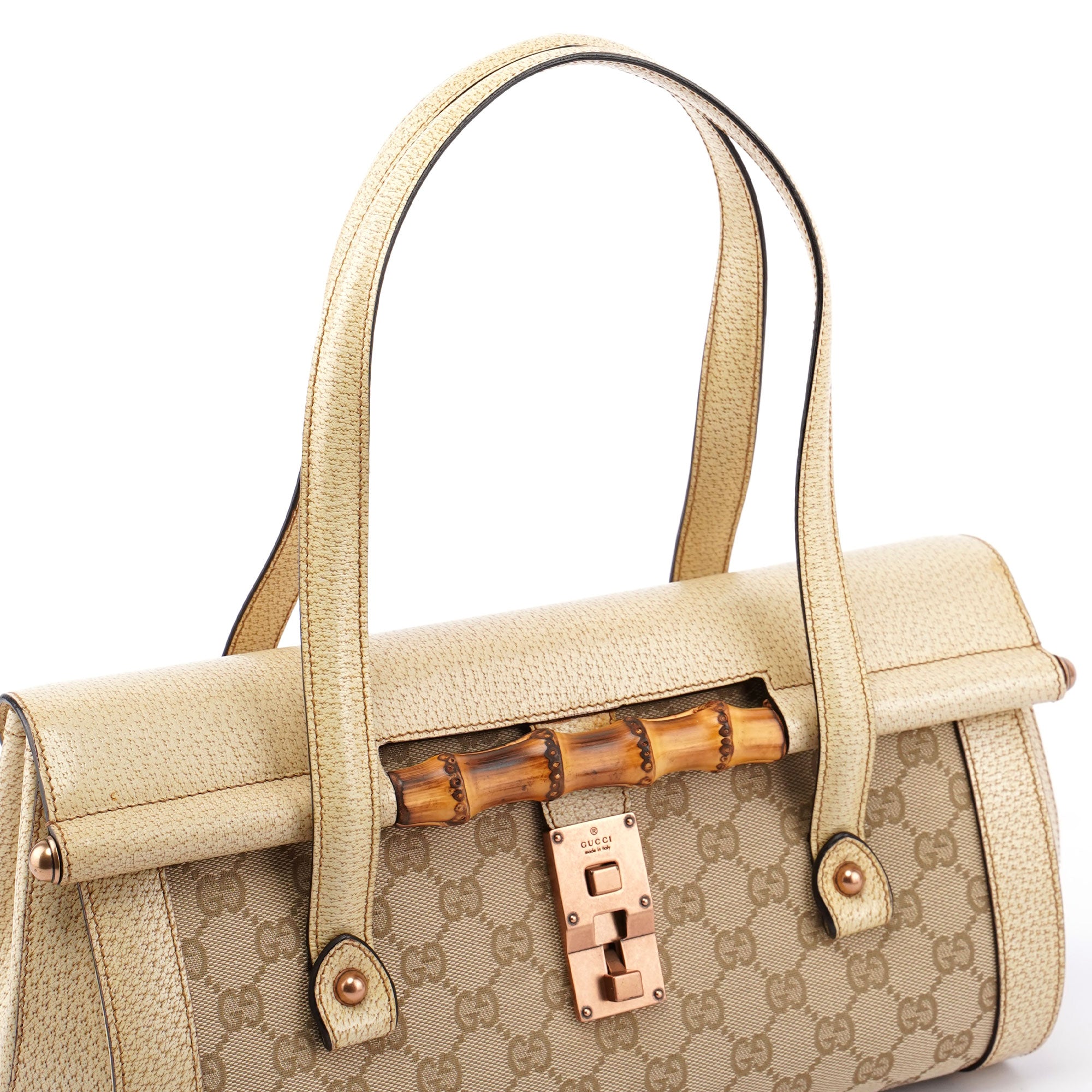 Gucci 111713 002058 Sac à main Bamboo en toile GG beige et blanc
