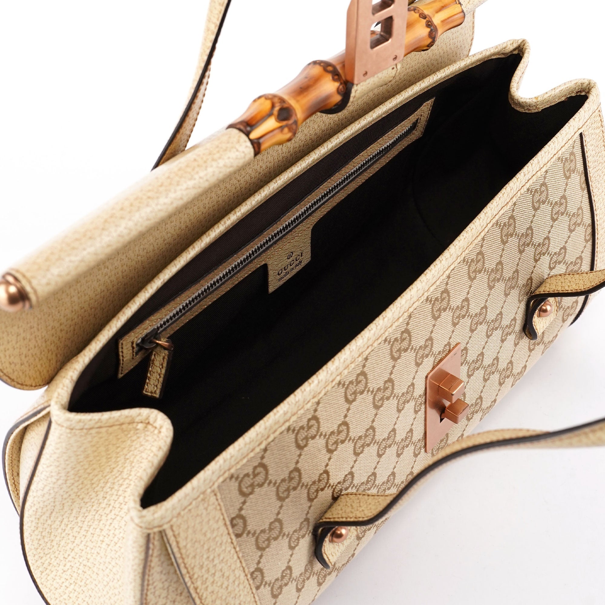 Gucci 111713 002058 Sac à main Bamboo en toile GG beige et blanc