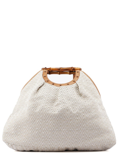 Gucci Beige Woven Leather Bamboo Top Handle Bag