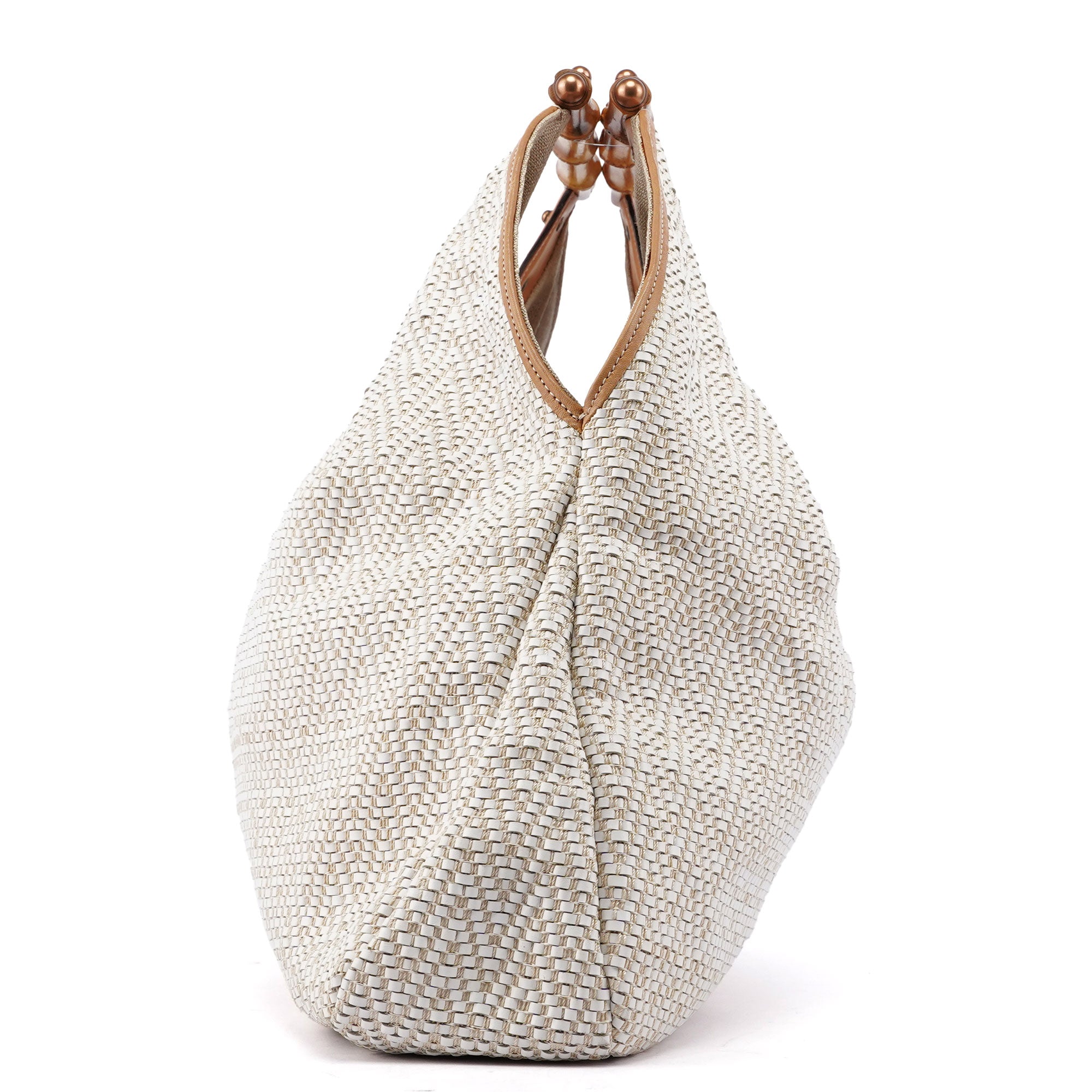 Gucci Beige Woven Leather Bamboo Top Handle Bag