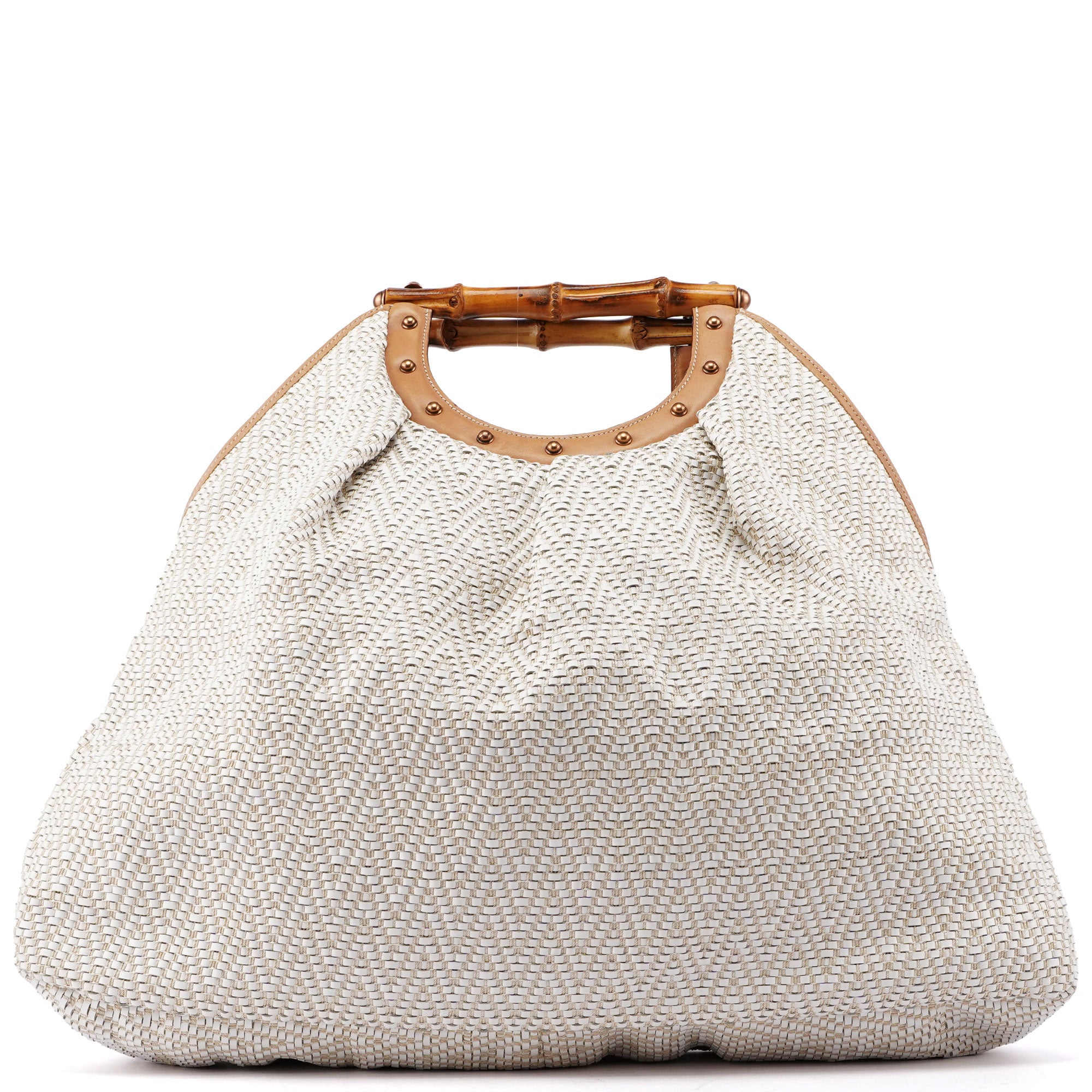 Gucci Beige Woven Leather Bamboo Top Handle Bag