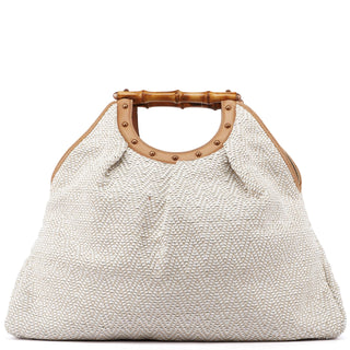 Gucci Beige Woven Leather Bamboo Top Handle Bag