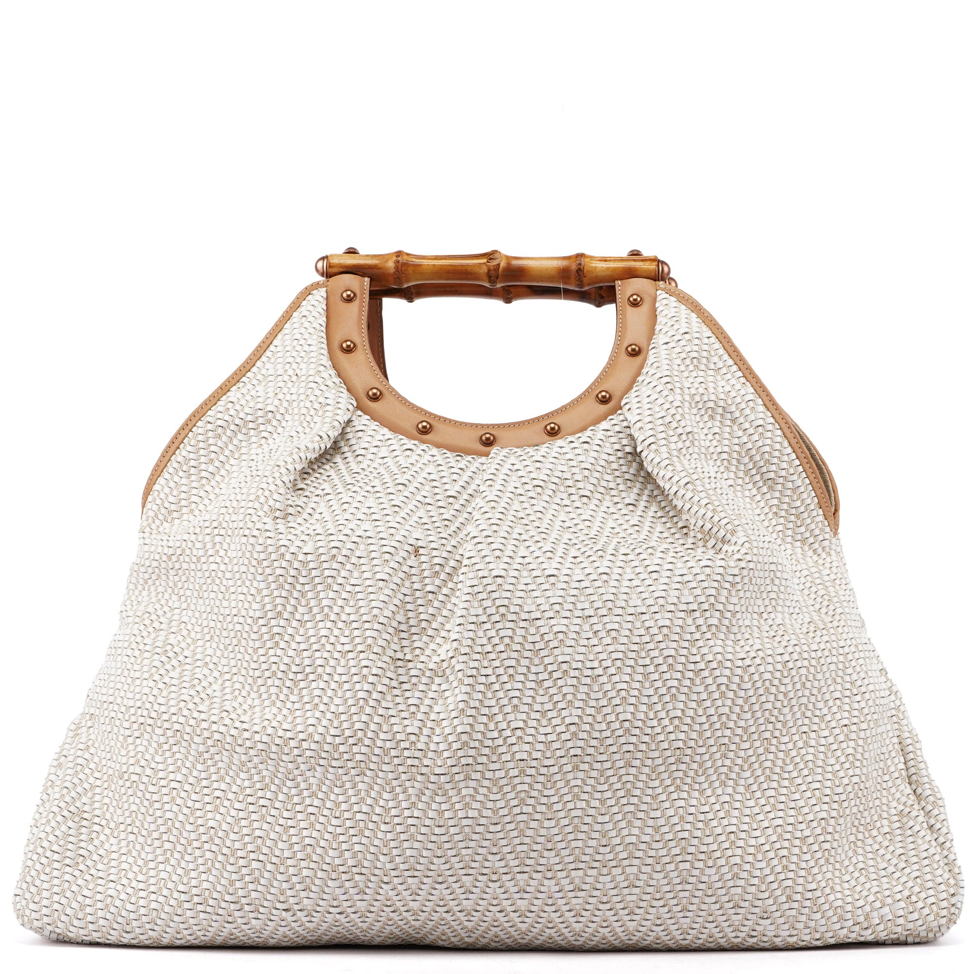 Gucci Beige Woven Leather Bamboo Top Handle Bag