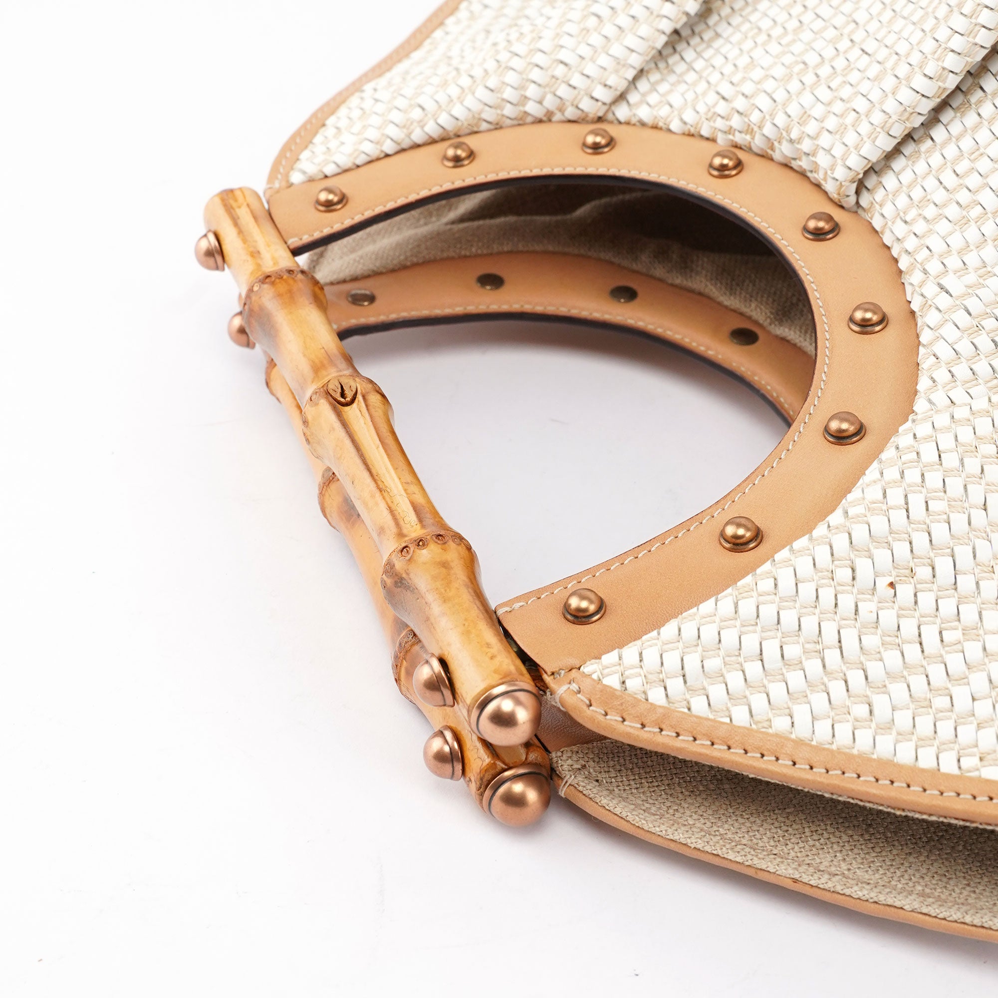 Gucci Beige Woven Leather Bamboo Top Handle Bag