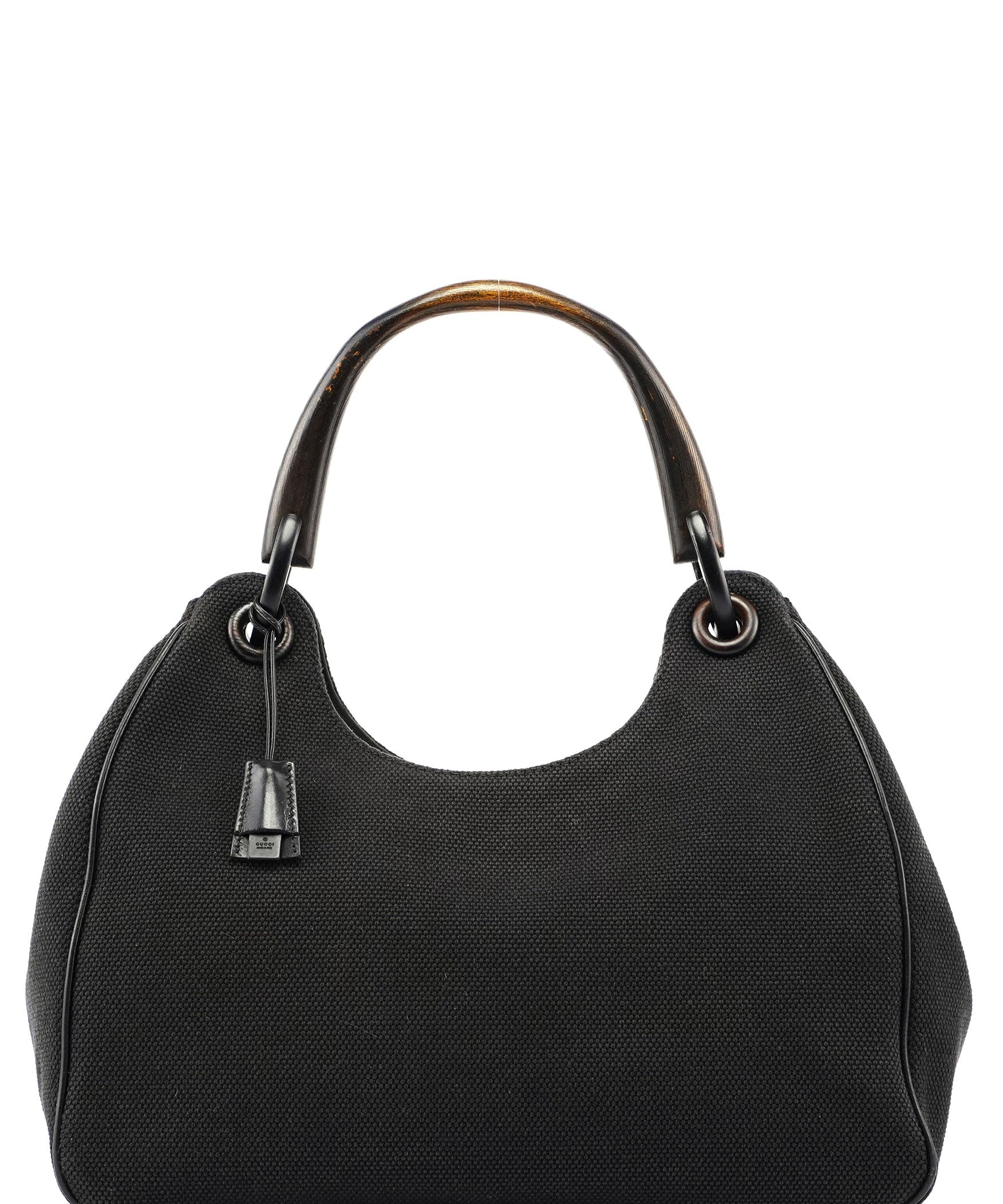 Gucci Borsa a spalla in tela nera con manico in legno