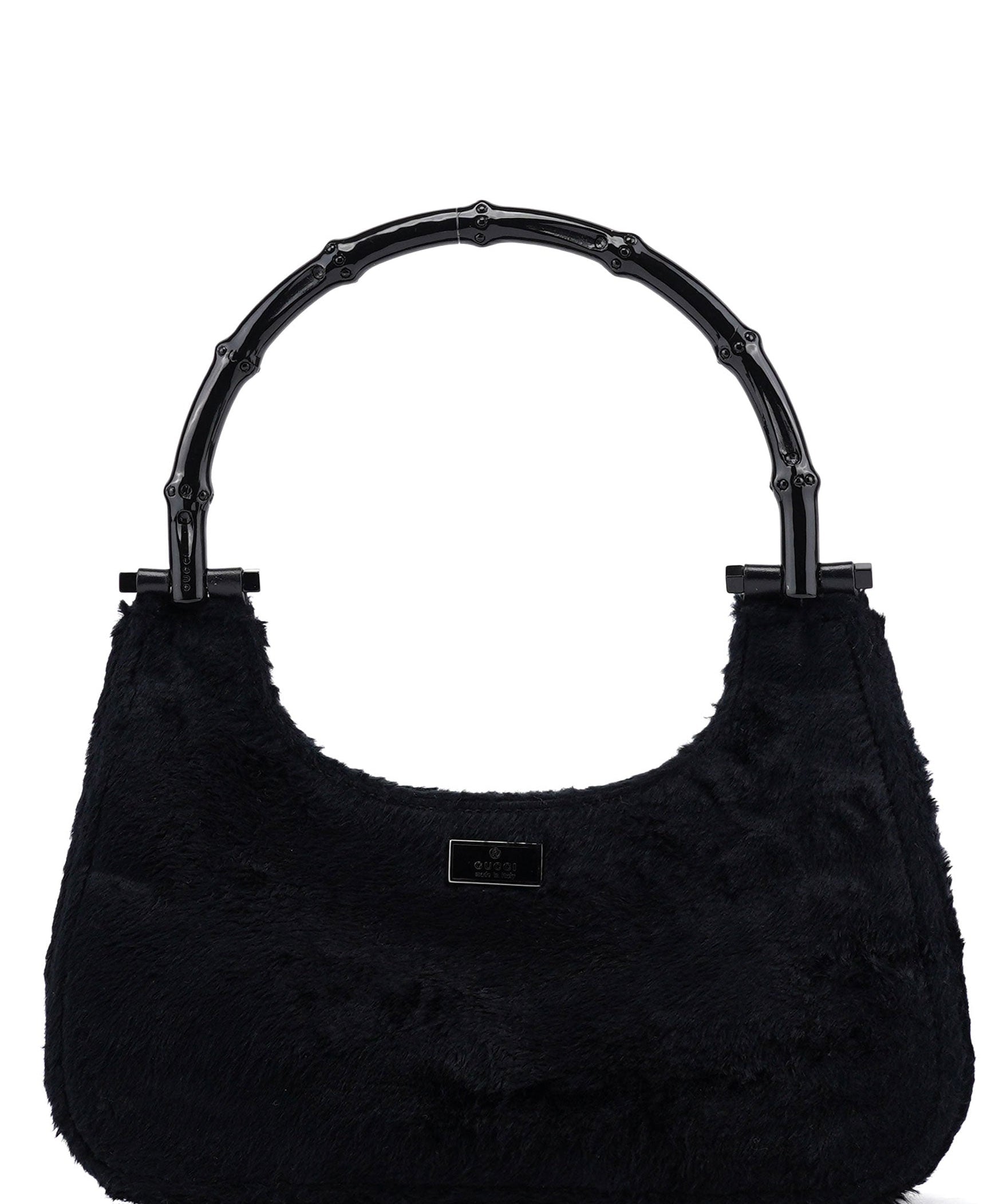 Gucci Black Faux Fur Bamboo Shoulder Bag
