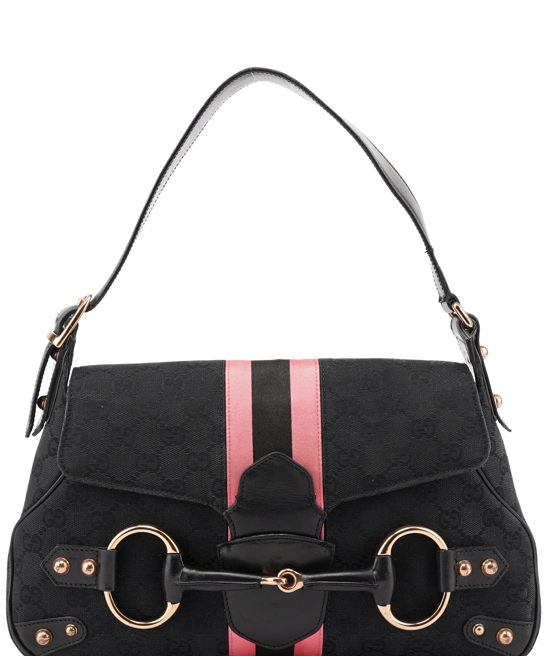 Gucci Black GG Satin Horsebit Shoulder Bag