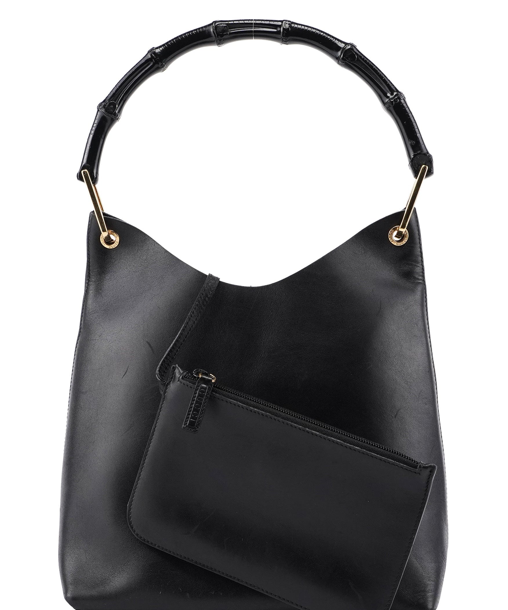 Gucci Black Leather Bamboo Shoulder Bag W/ Pouch