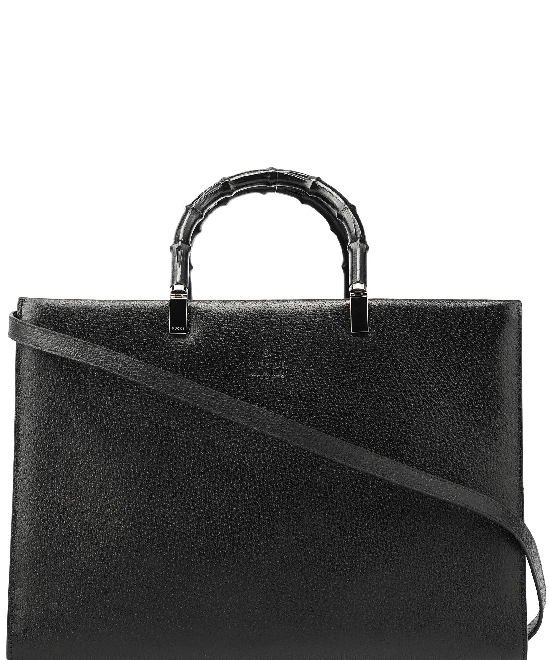 Gucci Black Leather Bamboo Tote Bag