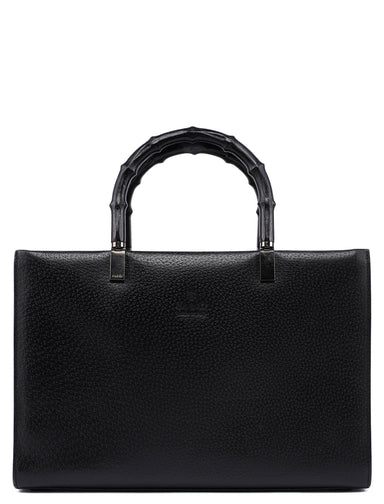 Gucci Black Leather Bamboo Tote Bag