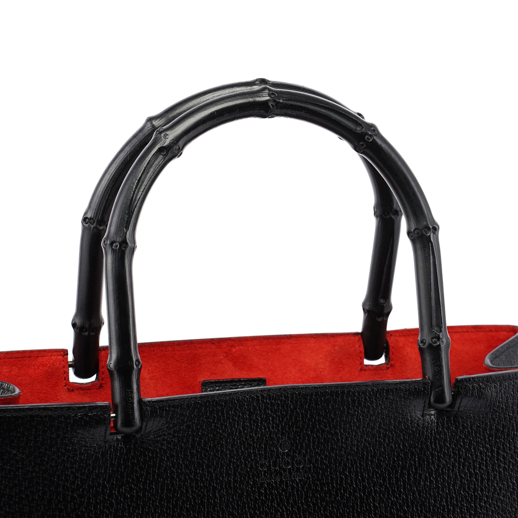 Gucci Black Leather Bamboo Tote Red Int