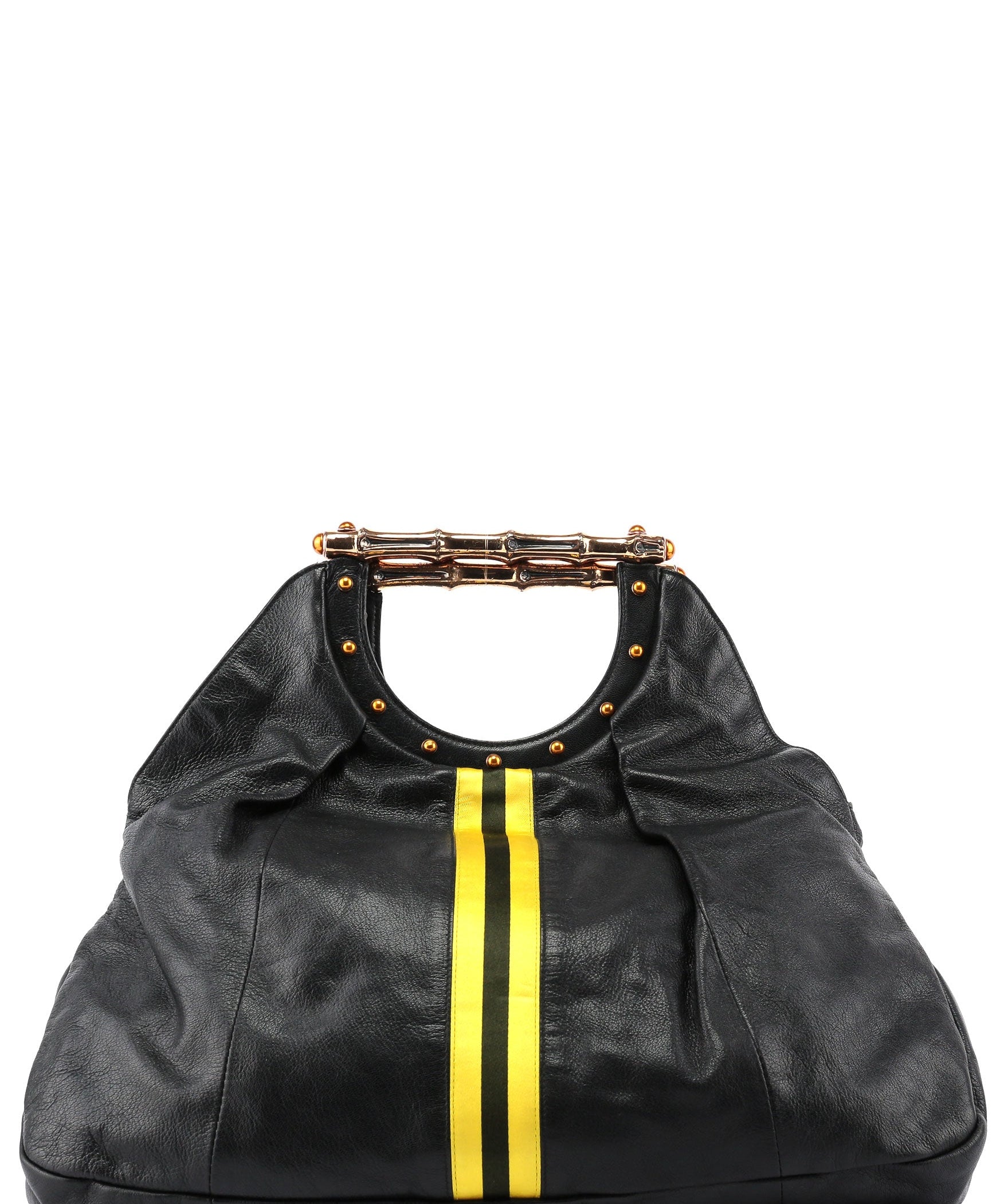Gucci Black Leather Stripes Bamboo Bag