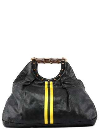 Gucci Black Leather Stripes Bamboo Bag