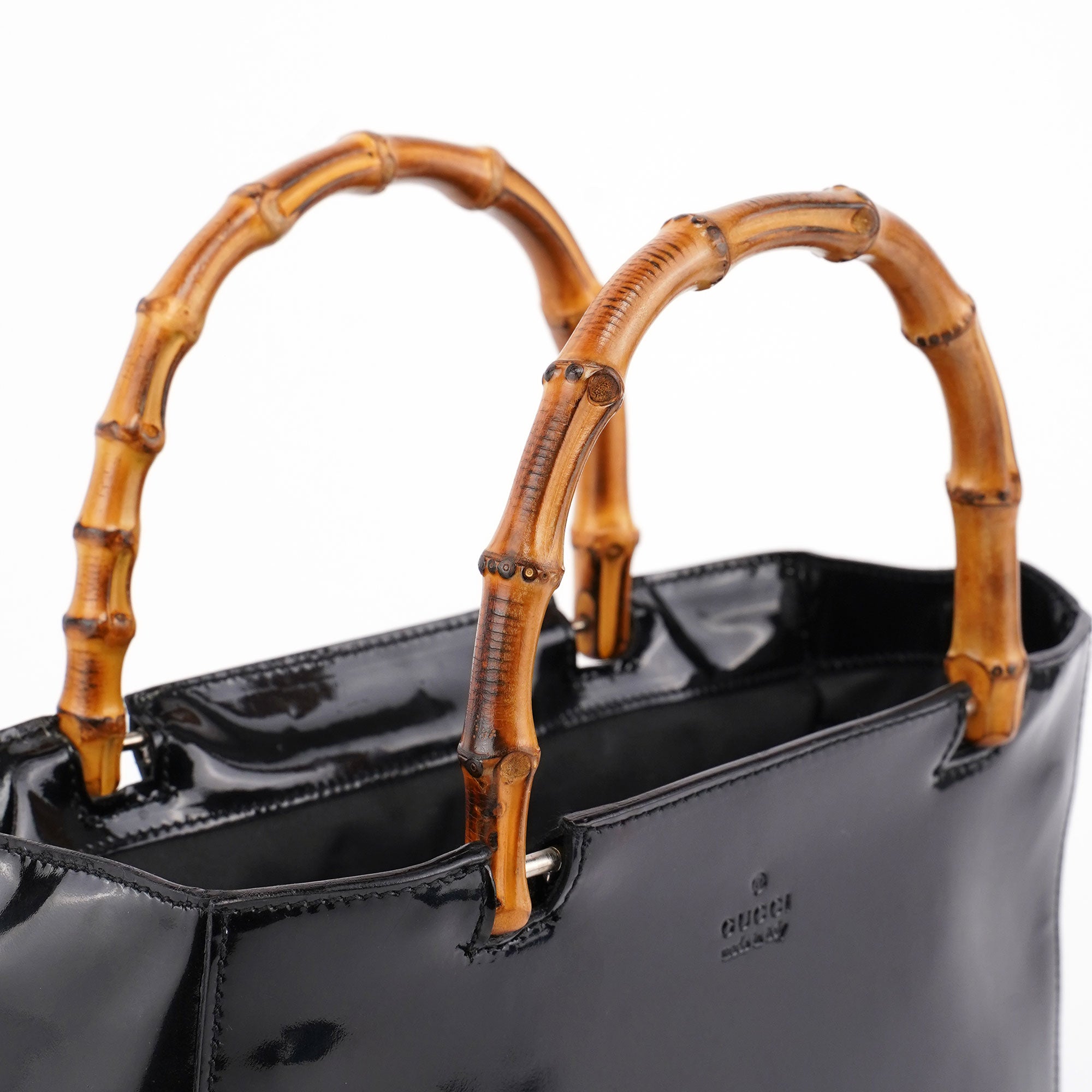 Gucci Black Patent Leather Bamboo Tote