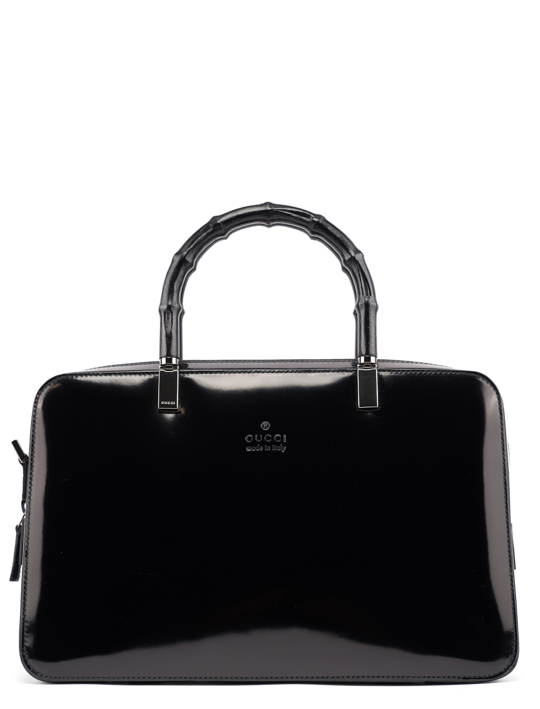 Gucci Black Patent Leather Bamboo Tote Bag