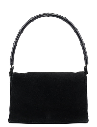 Gucci Black Suede Bamboo Flap Shoulder Bag