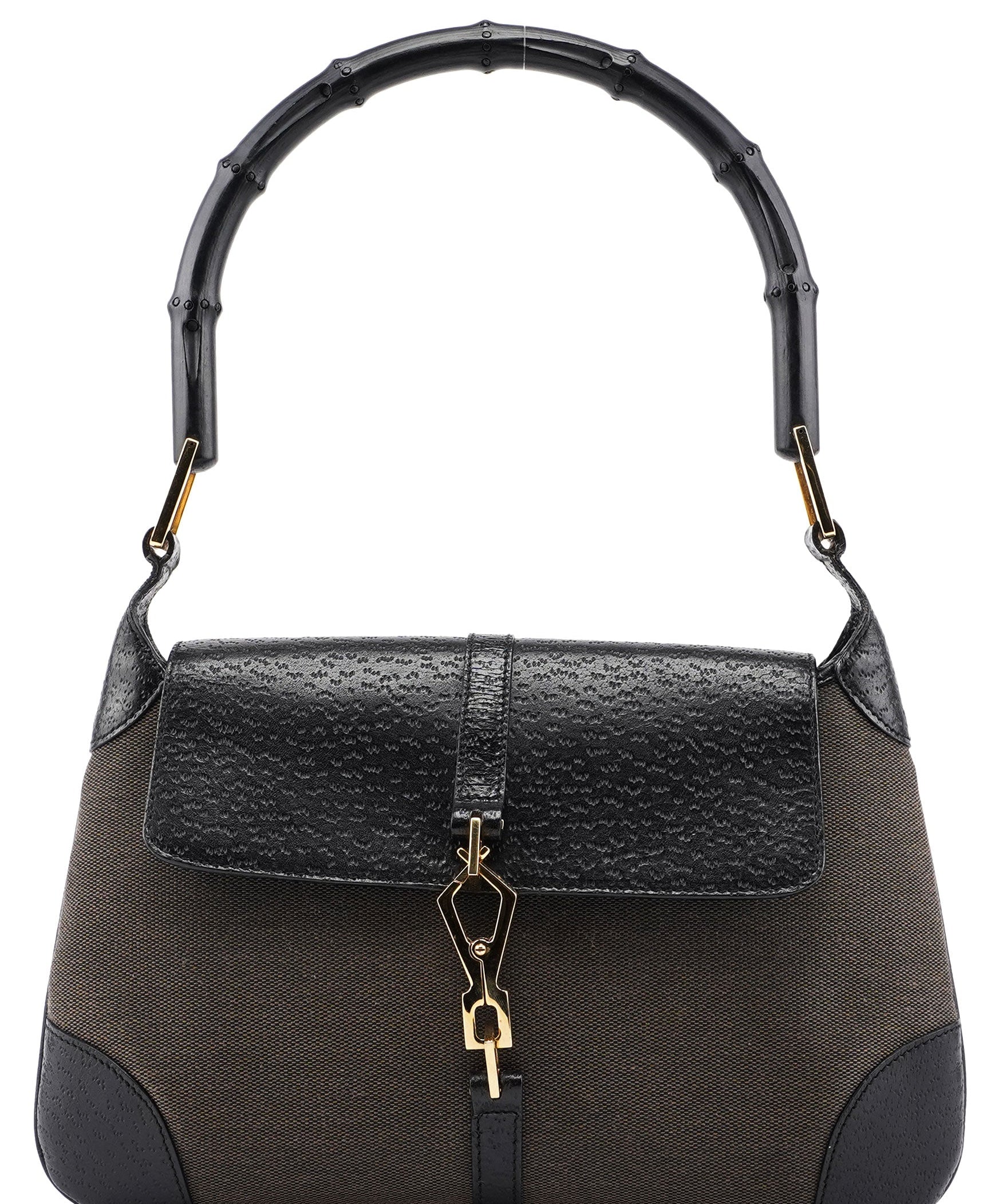 Gucci Brown Canvas Leather Jackie Bamboo Shoulder Bag