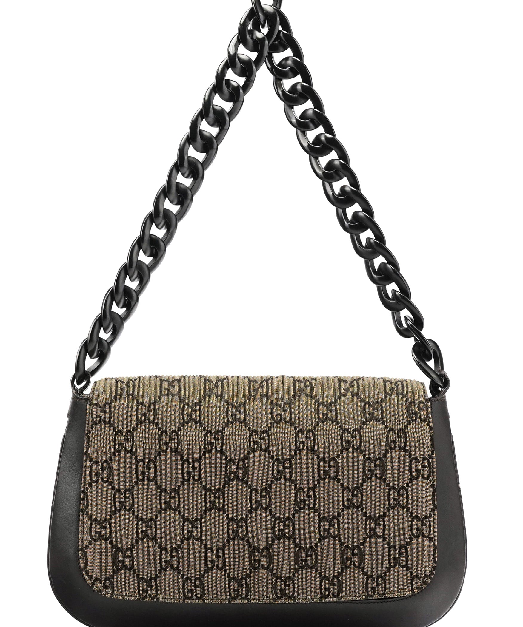 Gucci Borsa a spalla in tela GG plissettata marrone con catena in legno