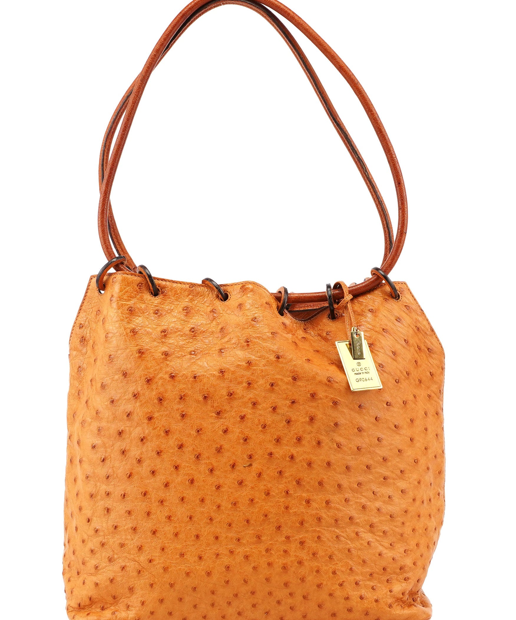 Gucci Cognac Ostrich Drawstring Shoulder Bag