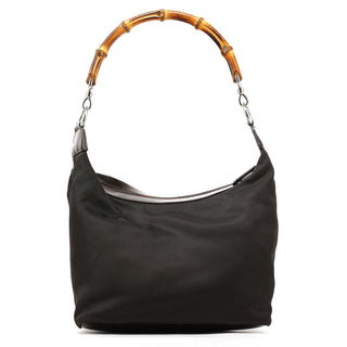 Gucci Dark Green Nylon Bamboo Shoulder Bag