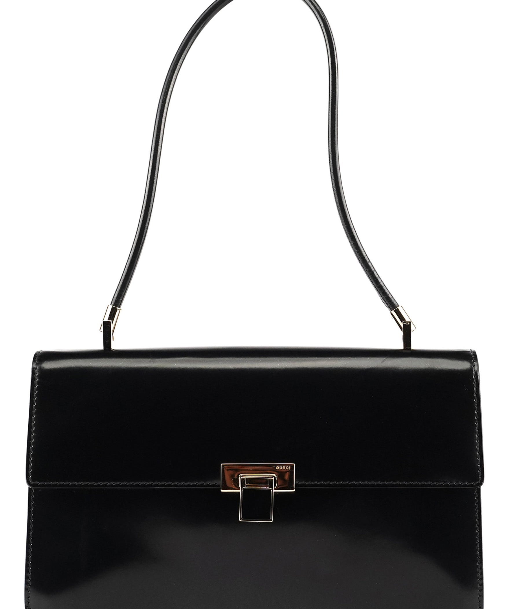Gucci Schultertasche mit Überschlag aus glänzend schwarzem Leder