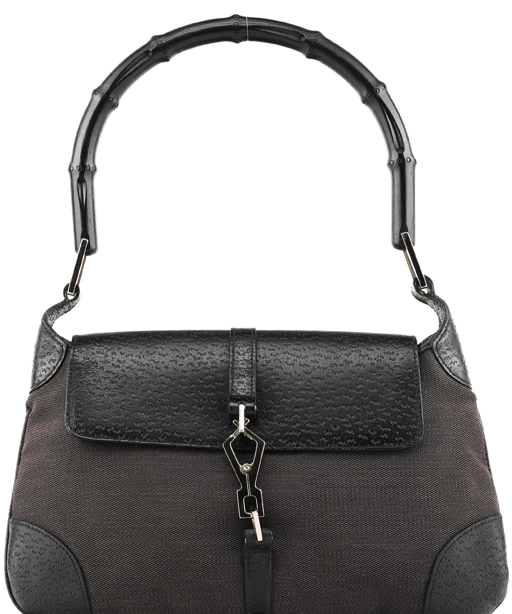 Gucci Grey Black Canvas Jackie Bamboo Shoulder Bag
