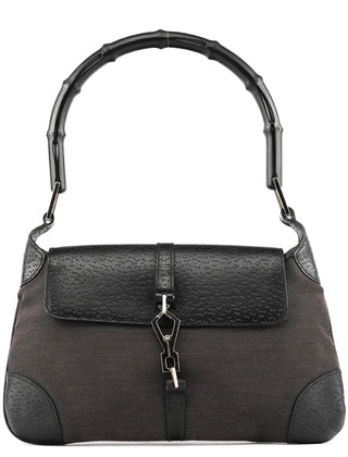 Gucci Grey Black Canvas Jackie Bamboo Shoulder Bag