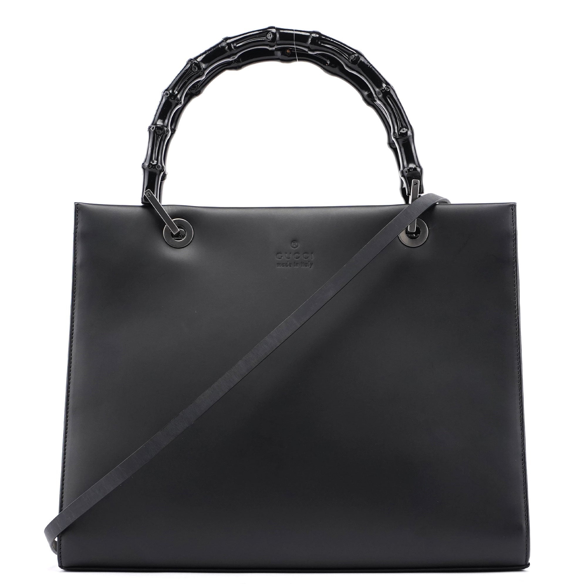 Gucci Matte Black Leather Bamboo Tote Bag