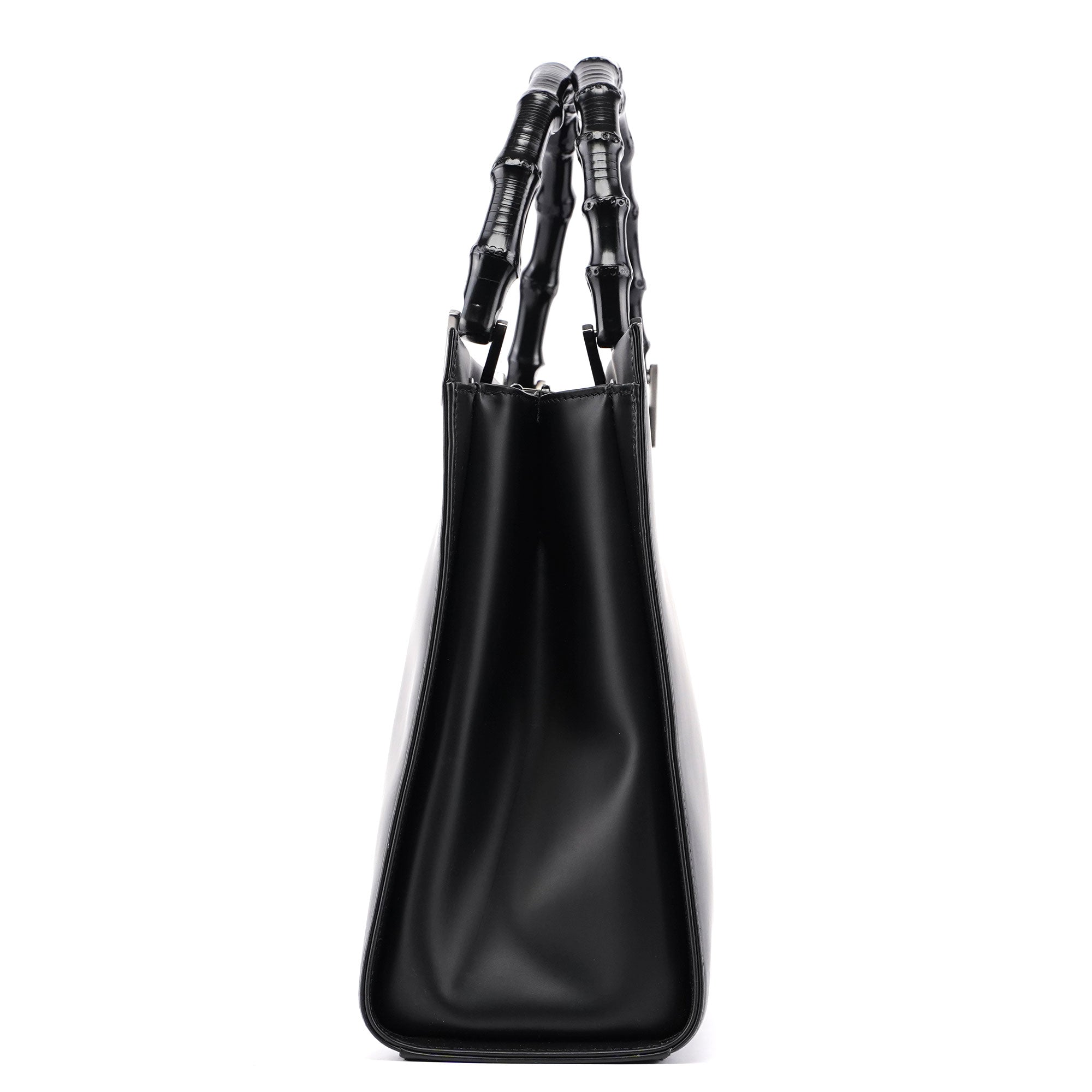 Gucci Matte Black Leather Bamboo Tote Bag