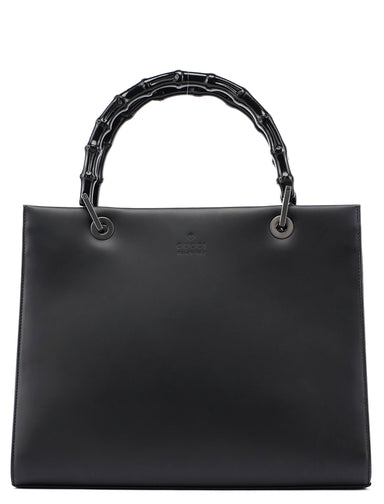 Gucci Matte Black Leather Bamboo Tote Bag