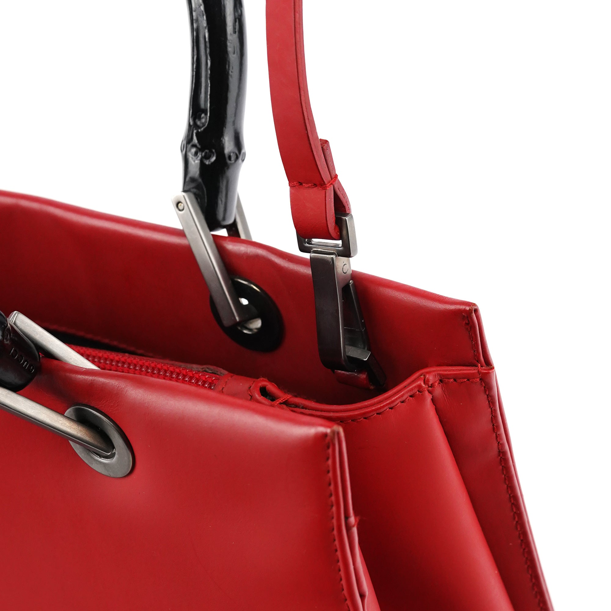 Gucci Matte Red Leather Bamboo 2-Way Tote Bag