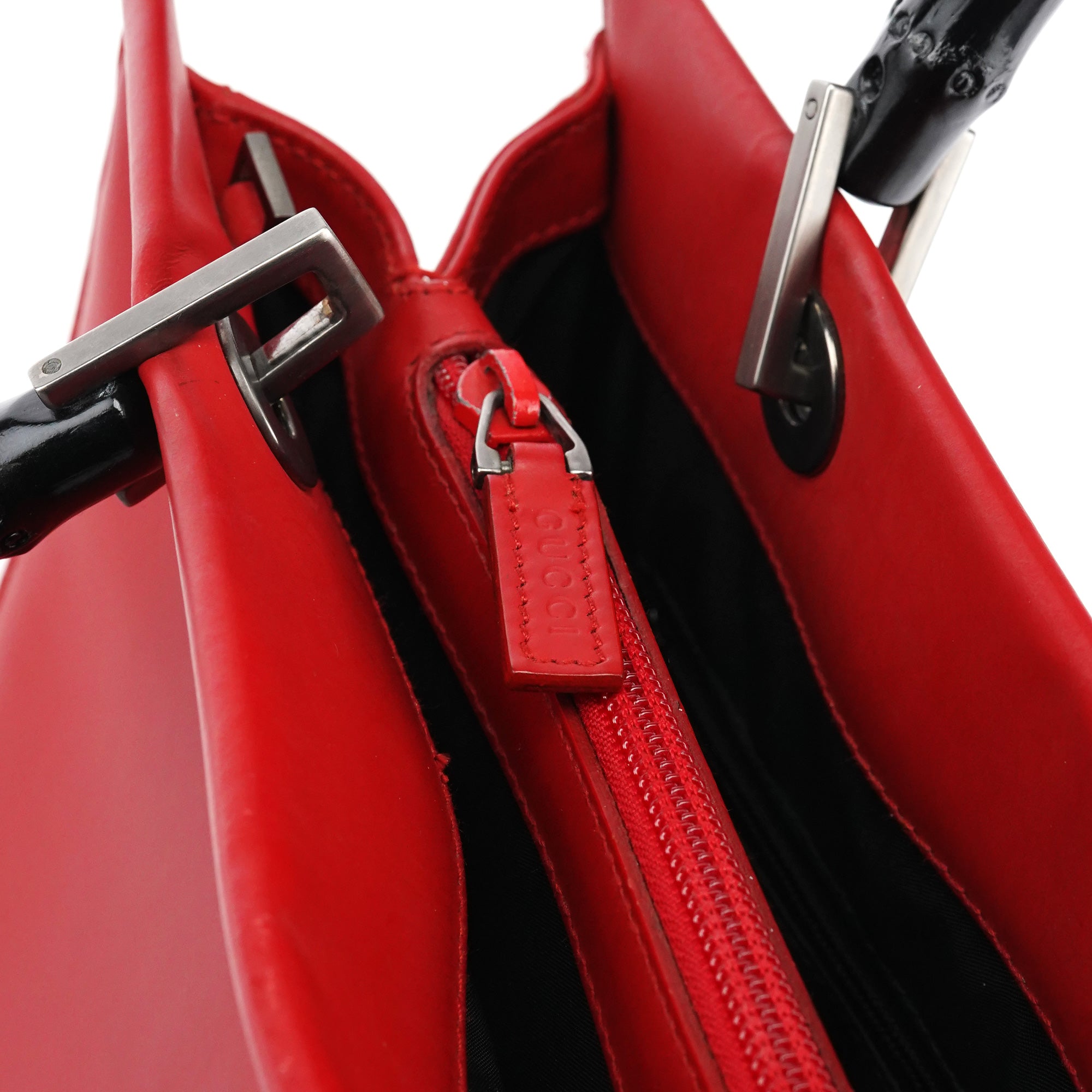 Gucci Matte Red Leather Bamboo 2-Way Tote Bag